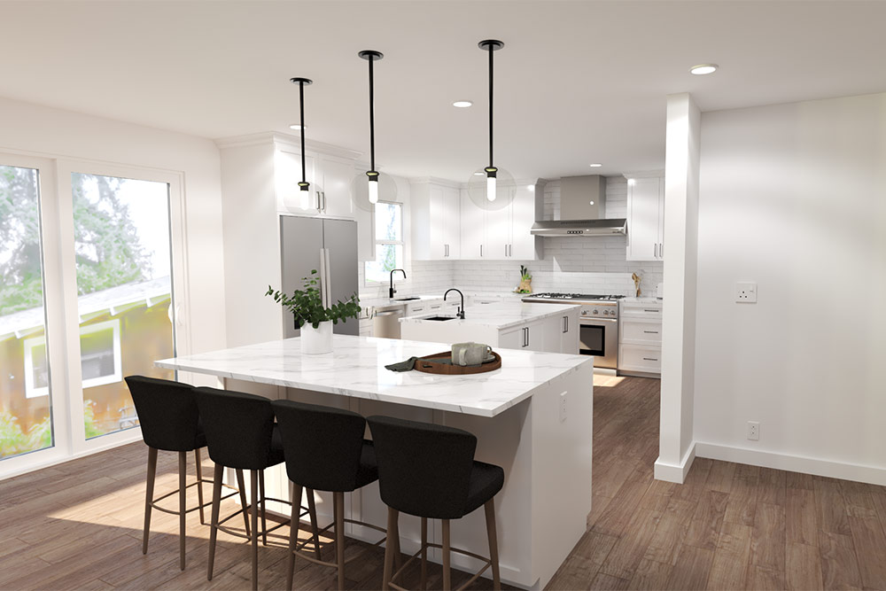 Realistic 3D rendering of a modern kitchen remodel in Newport Beach featuring white cabinets, marble island, and pendant lighting.