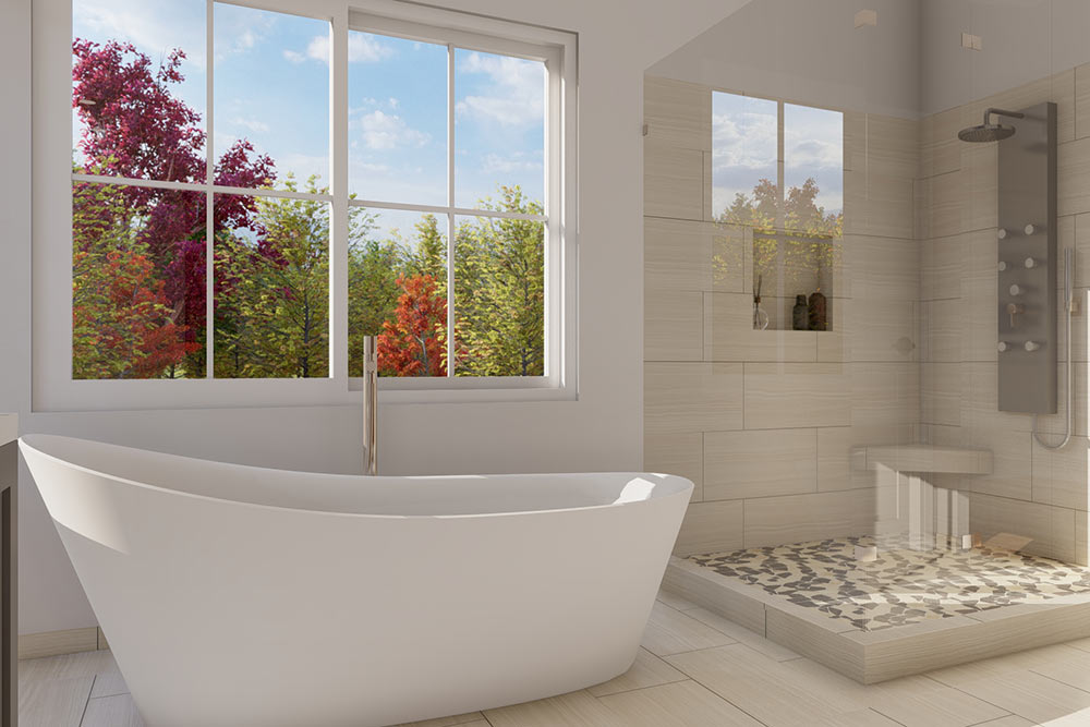3D rendering of a master bathroom remodel in Carlsbad with freestanding tub and stone-floor shower