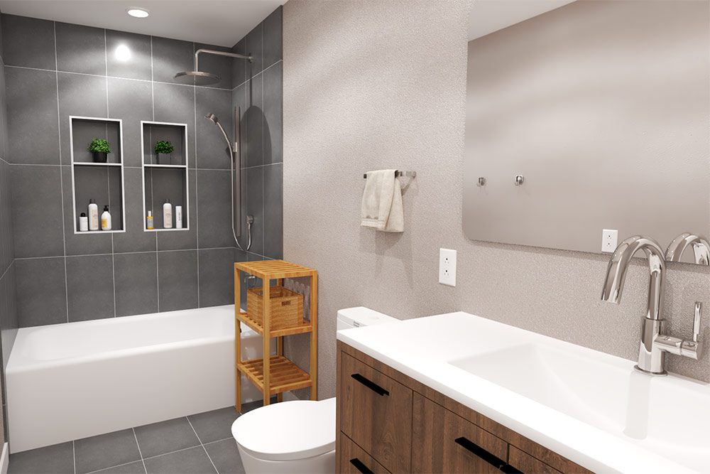 3D rendering of a modern bathroom in Carlsbad with dark gray tile, wood vanity, and built-in shower niches