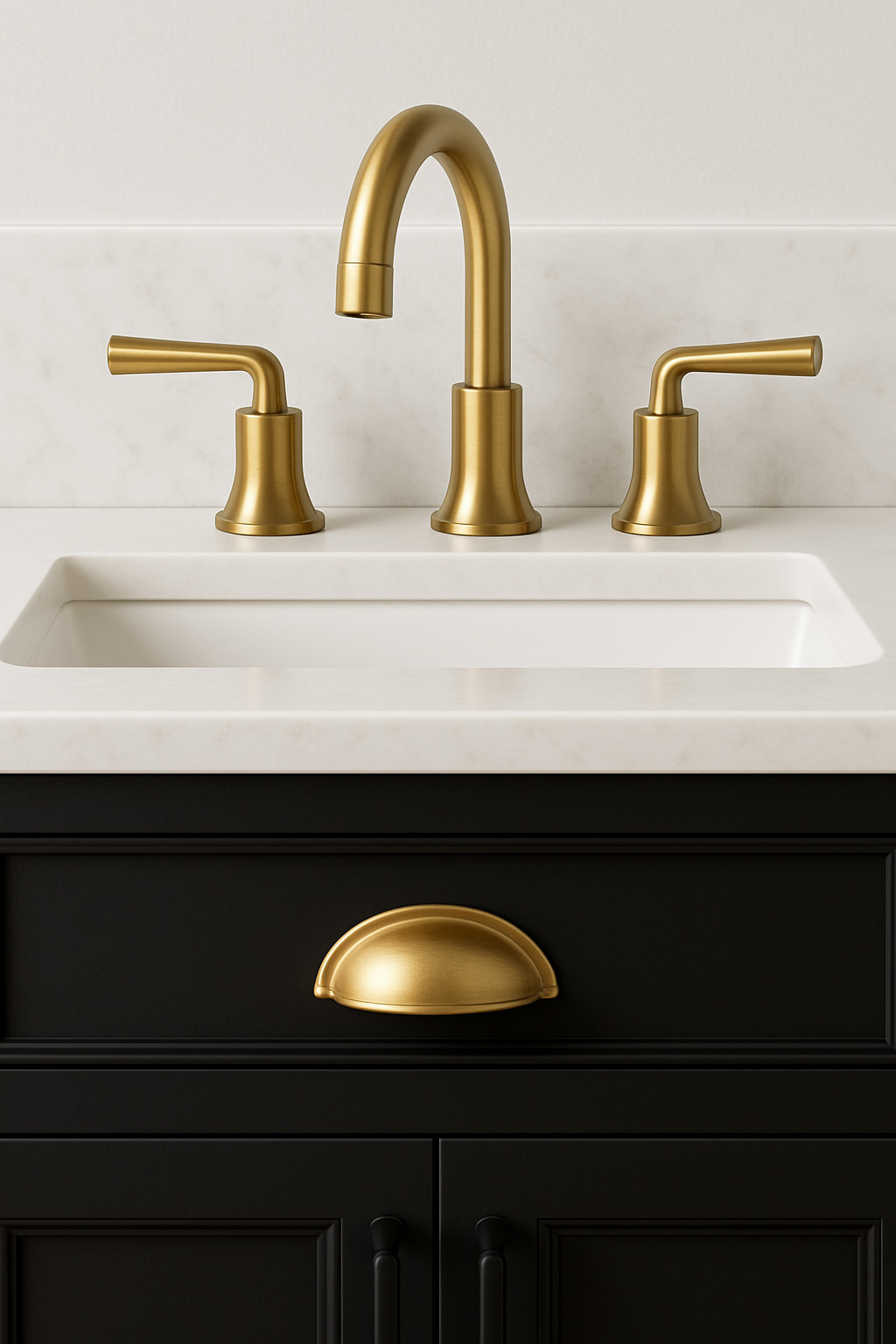 Brushed gold bathroom faucet and hardware on black vanity cabinet