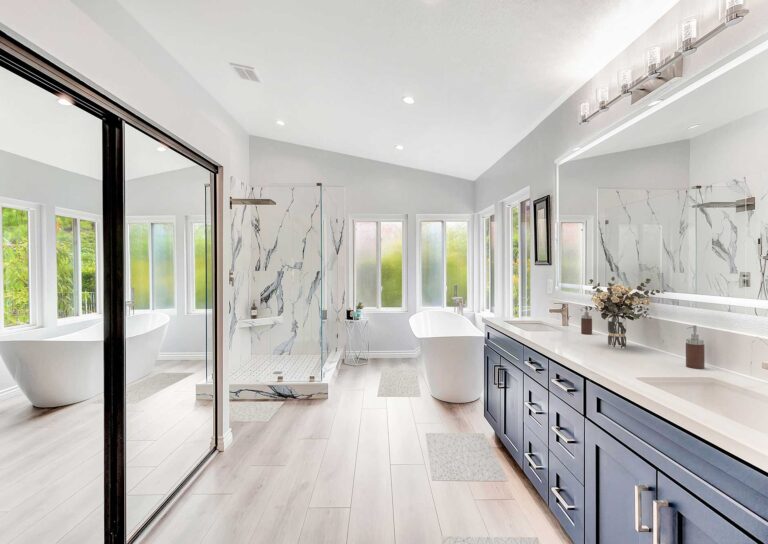 bathroom remodeling contractor,bathroom remodeling contractor in Laguna Hills,freestanding tub,blue vanity,Laguna Hills bathroom remodel