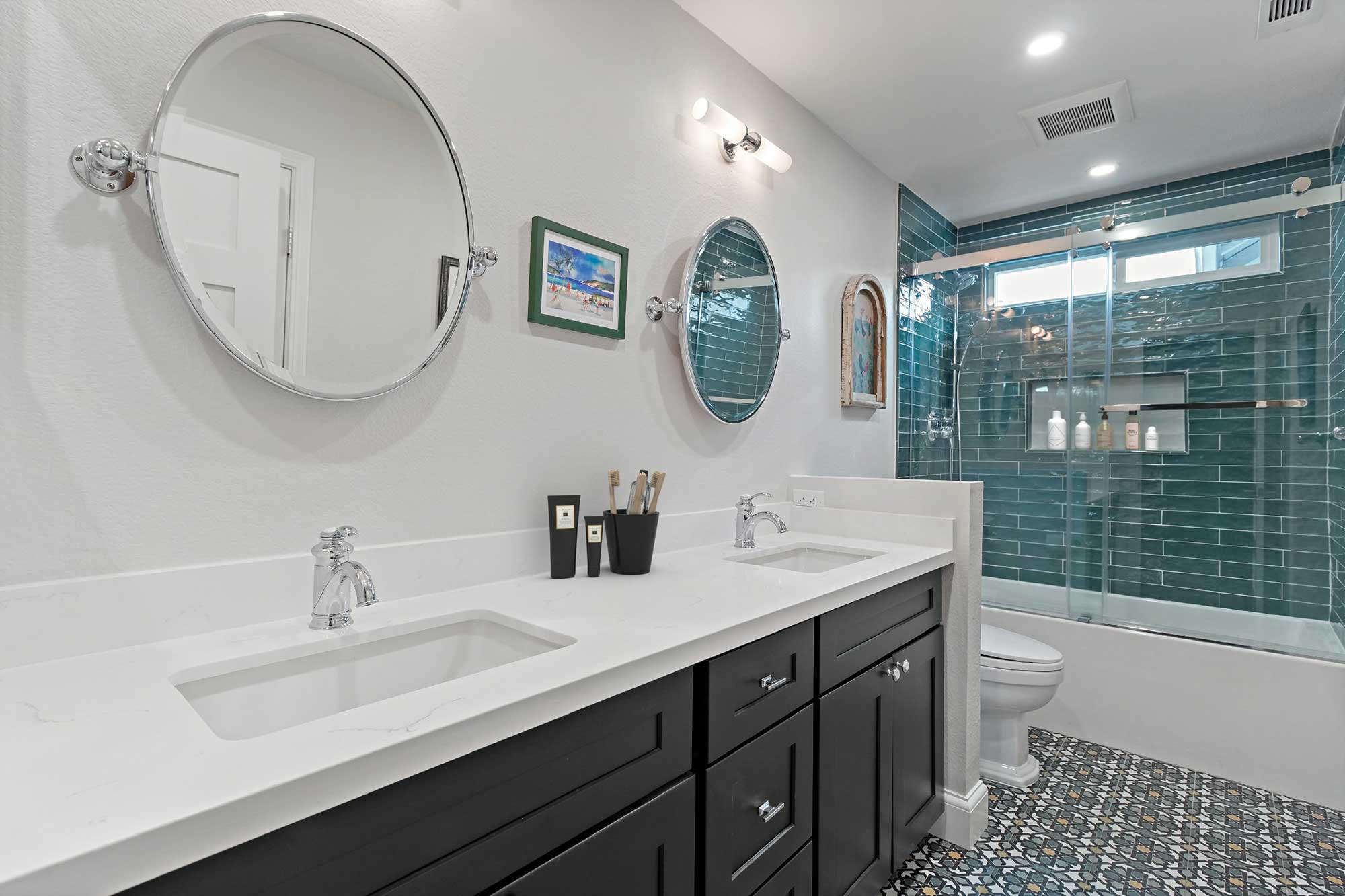 Anaheim guest bathroom remodel with double sink vanity