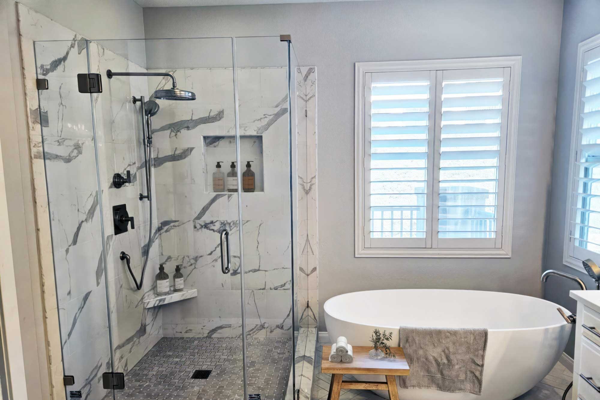 Ladera-Ranch bathroom remodel with walk in shower and a free standing tub