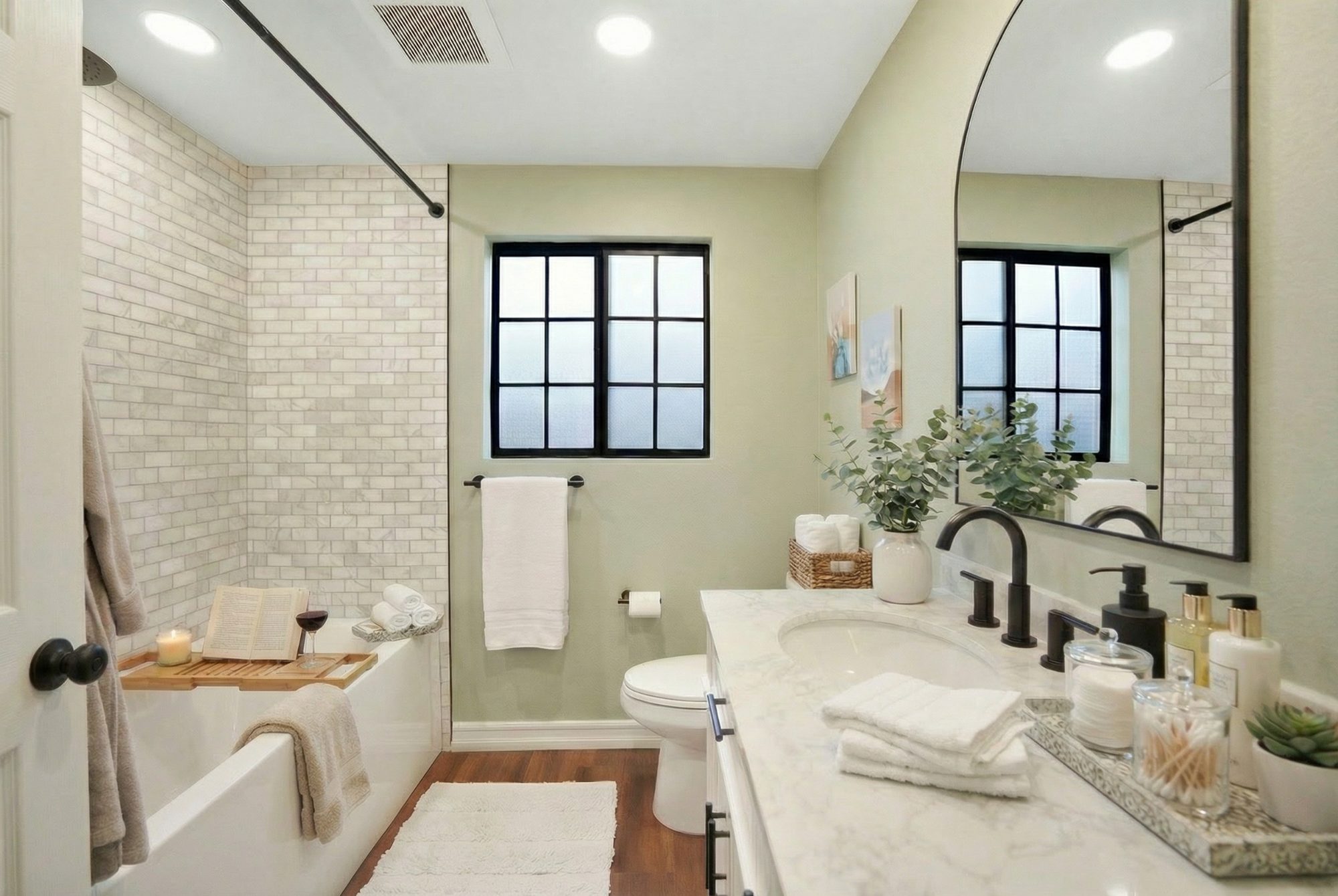 Modern guest bathroom remodel in Irvine featuring subway tile shower, stylish black fixtures, and a sleek marble vanity with double sinks.