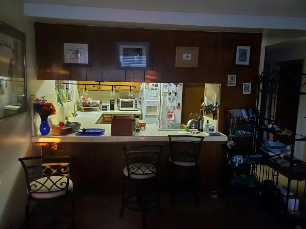 Before kitchen photo with dark wood paneling, pass-through bar seating, and older layout