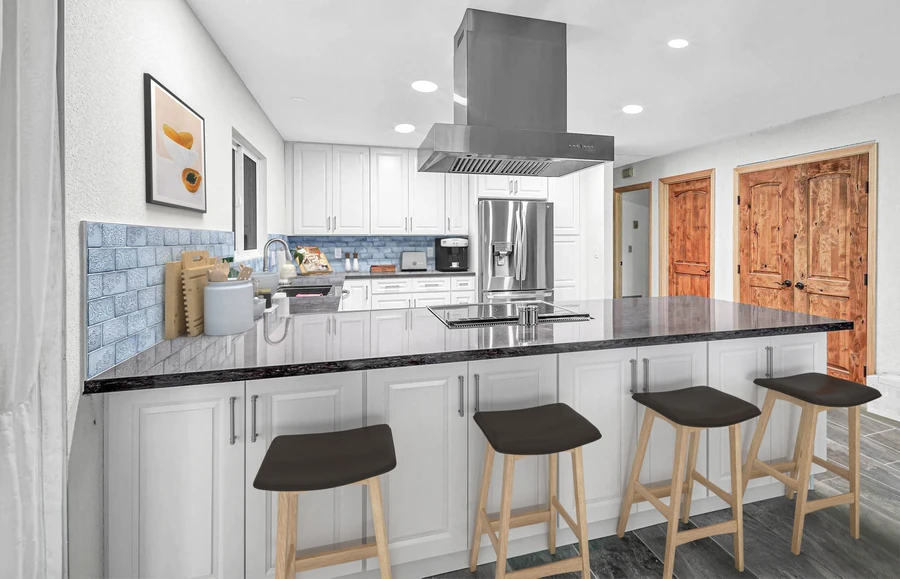 kitchen remodel white cabinets waterfall island gray floor tile b