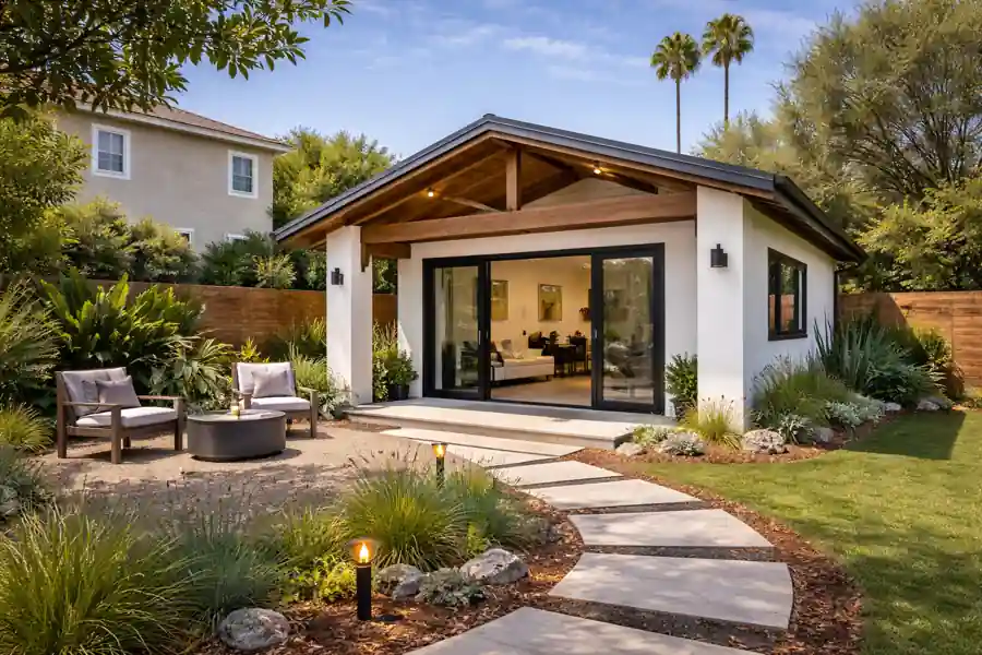 Detached ADU with gable roof and patio in Southern California backyard