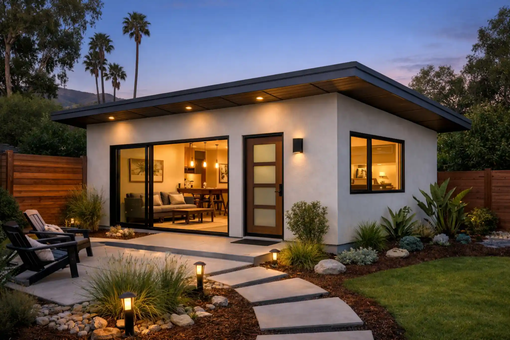 Modern ADU and room addition in Laguna Hills backyard with landscaping and warm interior lighting