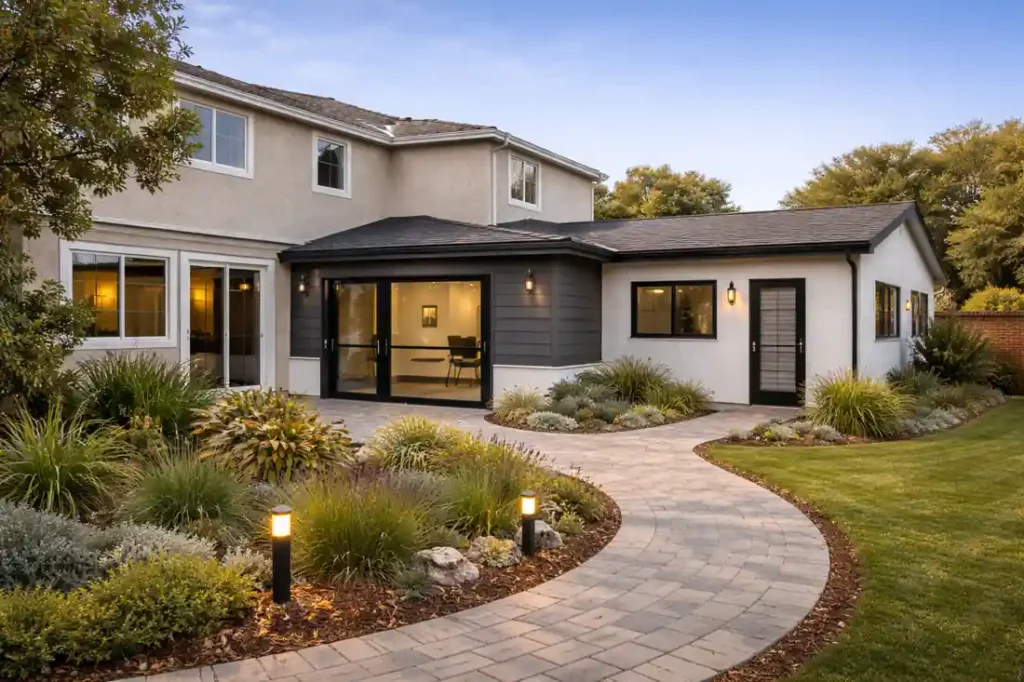 Attached ADU home addition with modern curved pathway and landscaping