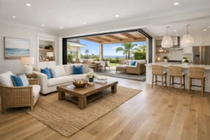 Newport Beach complete home remodel with coastal modern open-concept design, wide plank wood flooring, and indoor-outdoor living space