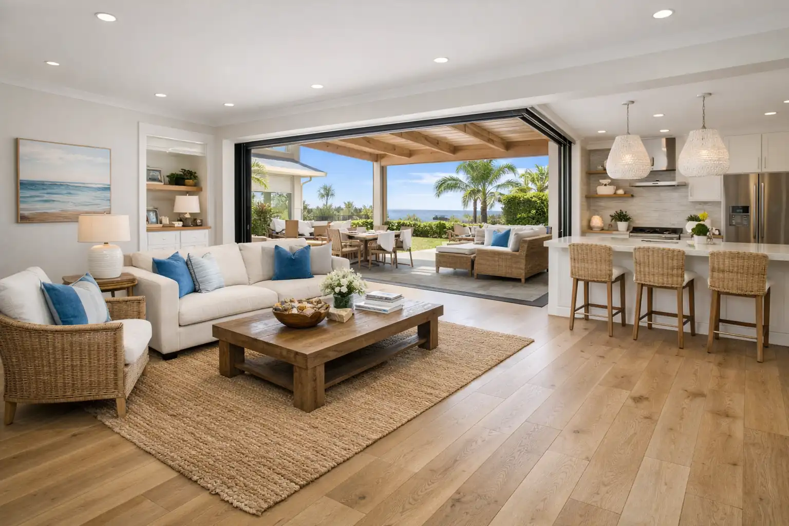 Newport Beach complete home remodel with coastal modern open-concept design, wide plank wood flooring, and indoor-outdoor living space