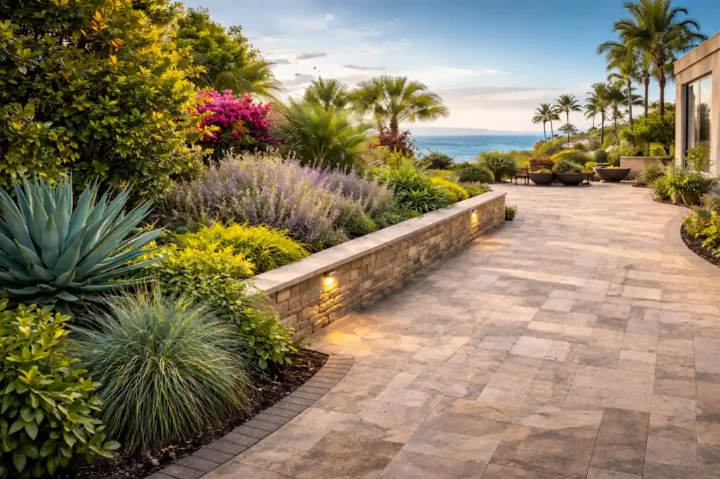 Coastal landscaping with agave, ornamental grasses, lavender, and drought-tolerant plants surrounding a travertine paver patio in Huntington Beach