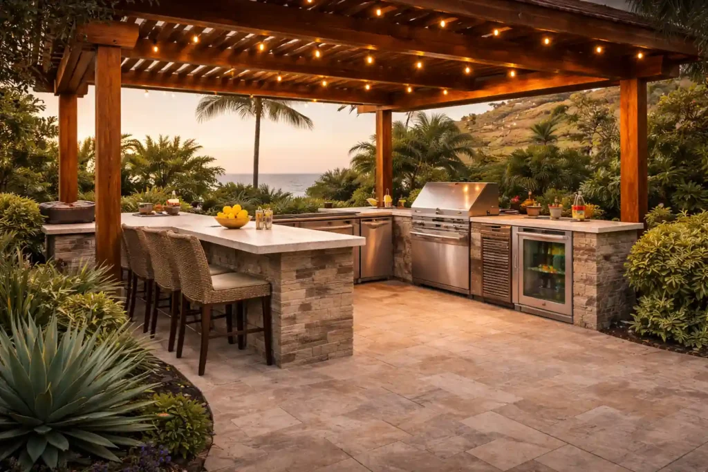 Outdoor kitchen with built-in grill, stone island, bar seating, and pergola lighting in a Huntington Beach coastal backyard