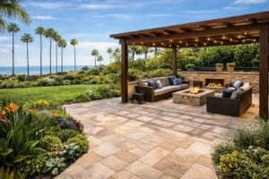 Travertine paver patio with pergola shade structure, coastal landscaping, and outdoor lounge area in Huntington Beach backyard remodel