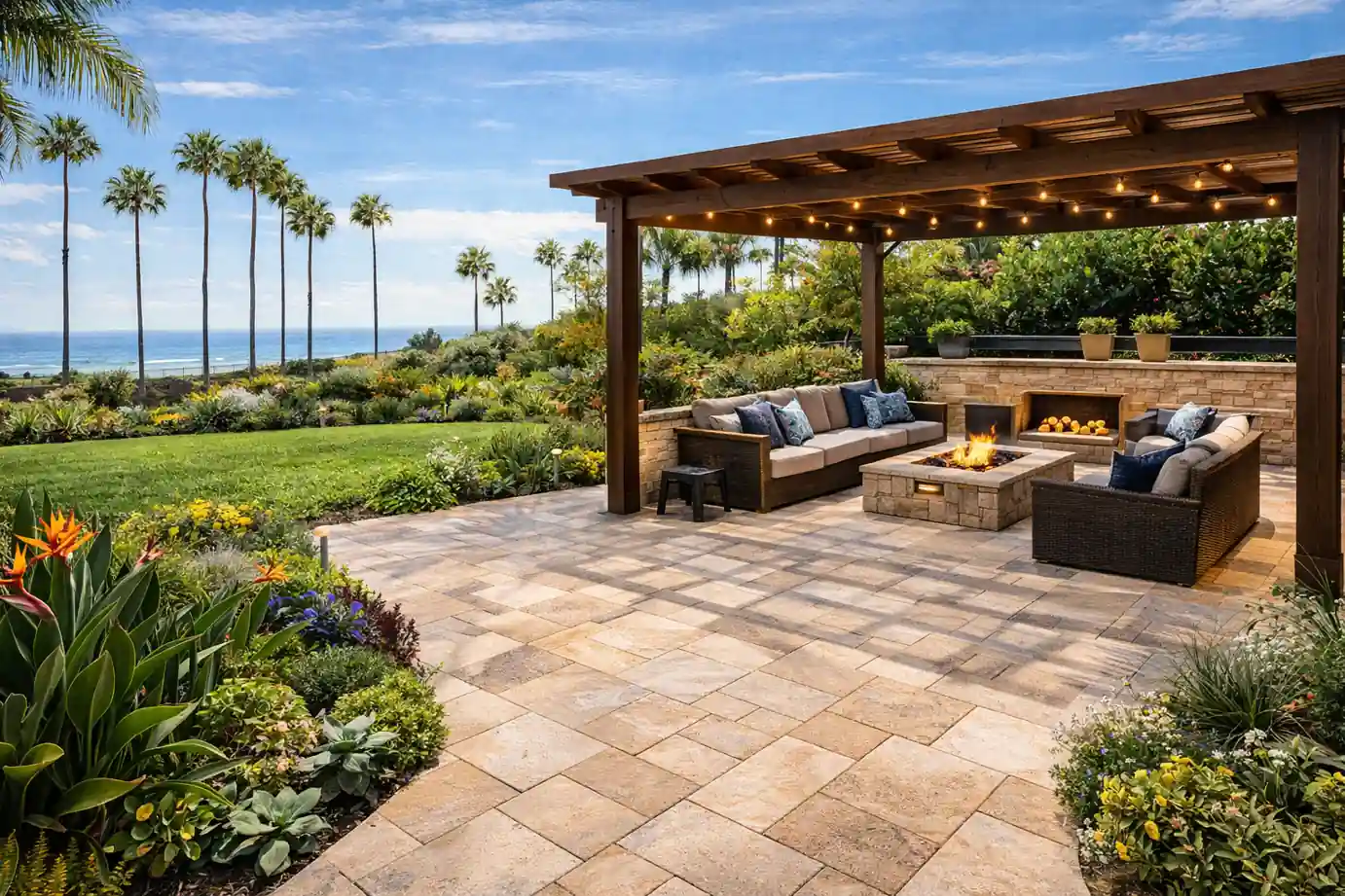 Travertine paver patio with pergola shade structure, coastal landscaping, and outdoor lounge area in Huntington Beach backyard remodel