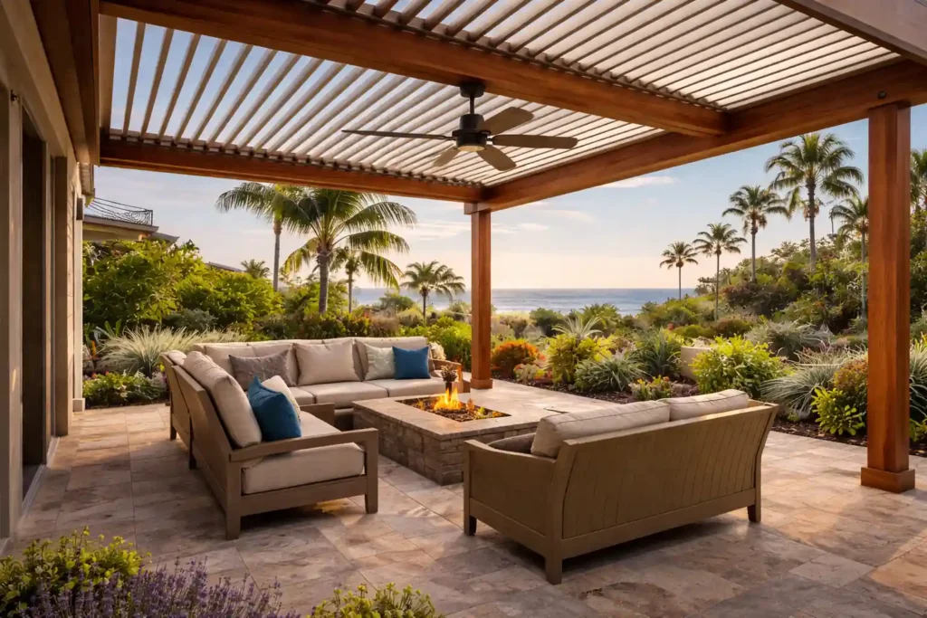 Wood pergola with modern louvered roof panels and ceiling fan over an outdoor lounge area in a Huntington Beach coastal backyard