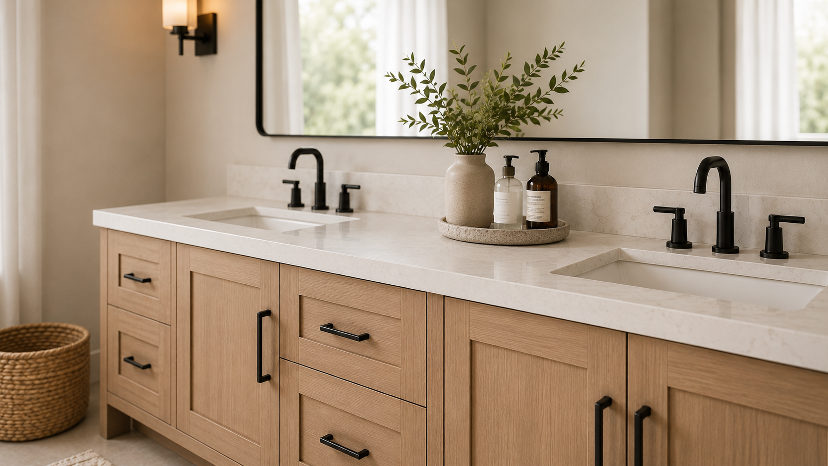 Natural wood double bathroom vanity with white quartz countertop, matte black faucets, and decorative tray styling