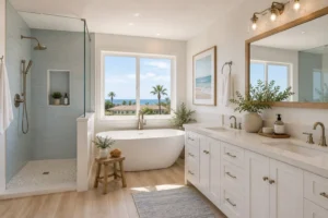 Coastal bathroom remodel in Newport Beach with a freestanding tub, blue-tile walk-in shower, white double vanity, and ocean-view window