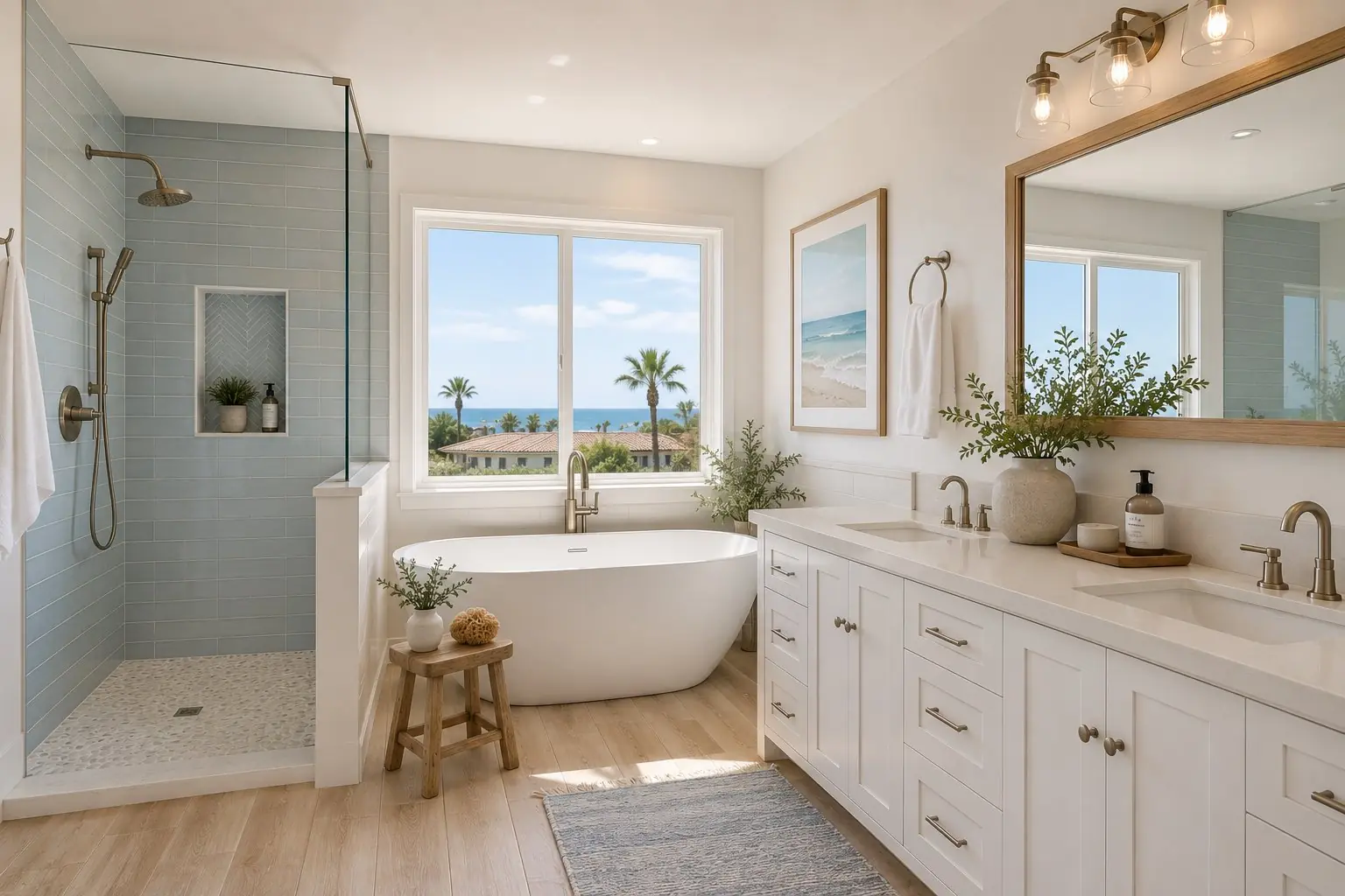 Coastal bathroom remodel in Newport Beach with a freestanding tub, blue-tile walk-in shower, white double vanity, and ocean-view window