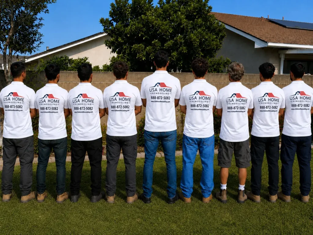 The USA Home Remodeling team in branded shirts outside an Orange County home