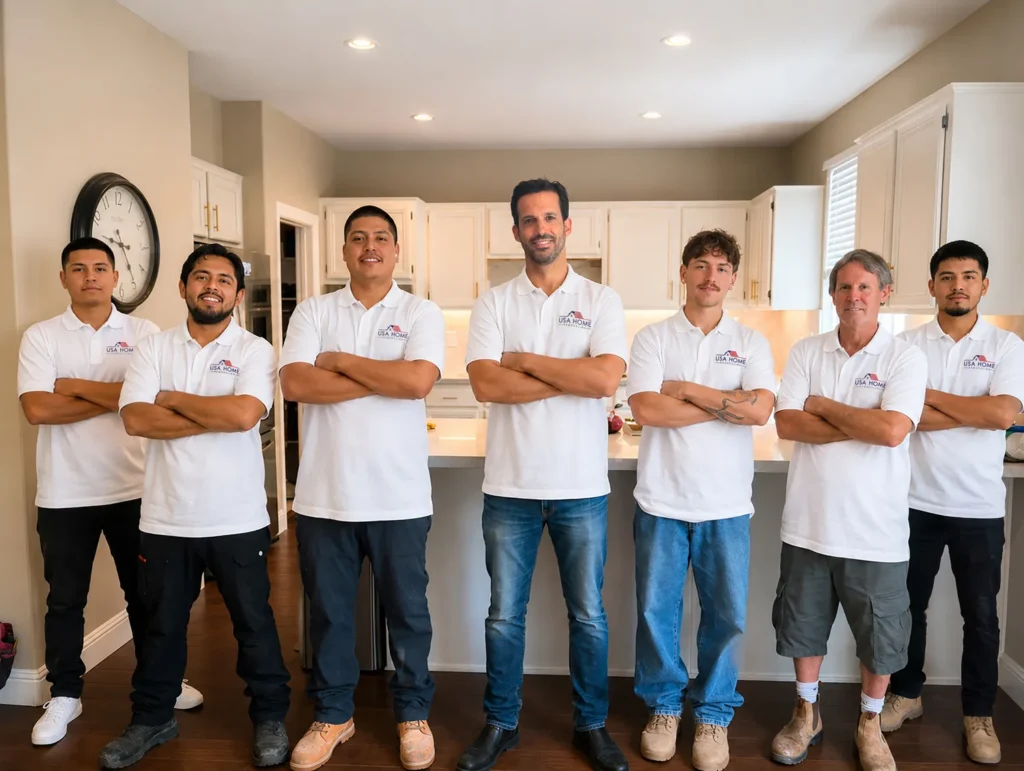 USA Home Remodeling team with founder Isaac Rozolyo in a remodeled Orange County kitchen