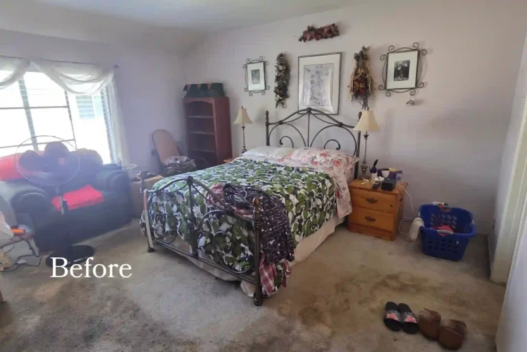Dated bedroom before a complete home remodel in Irvine with carpet, a metal bed frame, and older furnishings.