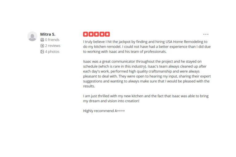Five-star customer review from homeowner praising USA Home Remodeling for her completed kitchen remodel in Carlsbad.