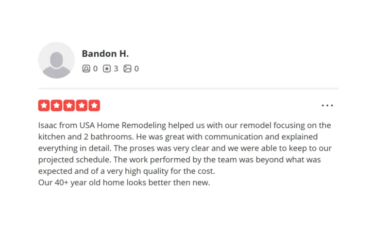 Five-star customer review for USA Home Remodeling about a completed Irvine kitchen and two-bathroom remodel.