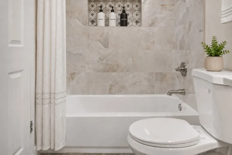 Close-up of an Irvine tub shower combo with marble-look tile walls, recessed niche, and white bathtub in a completed Irvine bathroom remodel.