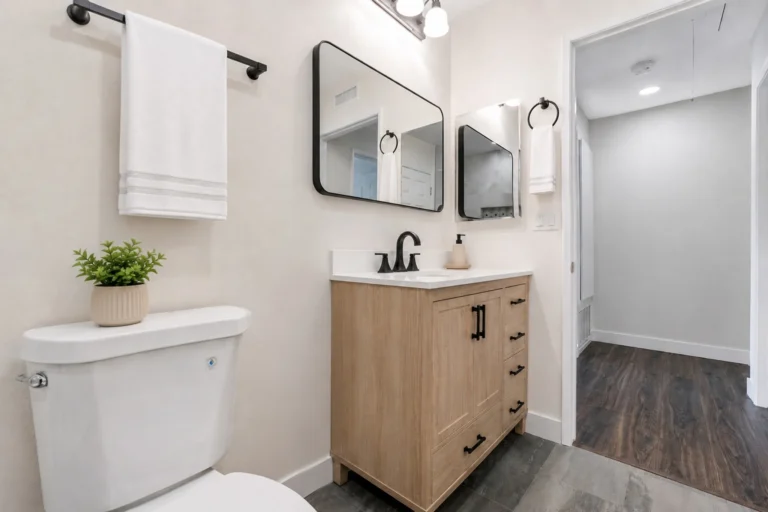 Vanity with natural wood cabinets, white quartz countertop, matte black faucet, and black-framed mirror in a completed Irvine bathroom remodel.