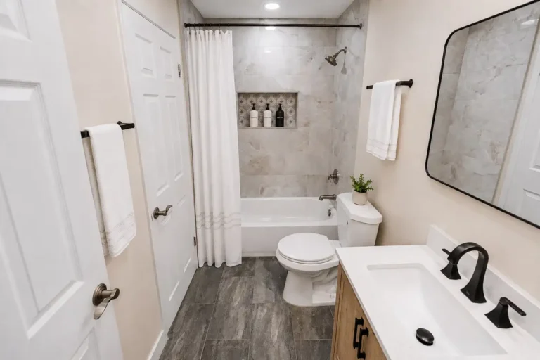 Wide Irvine bathroom view with a tiled tub-shower, natural wood vanity, black fixtures, and gray floor tile.