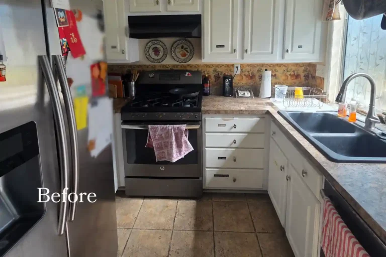 Before photo of an Irvine kitchen with white cabinets, laminate countertops, stainless steel appliances, and a double-basin sink.