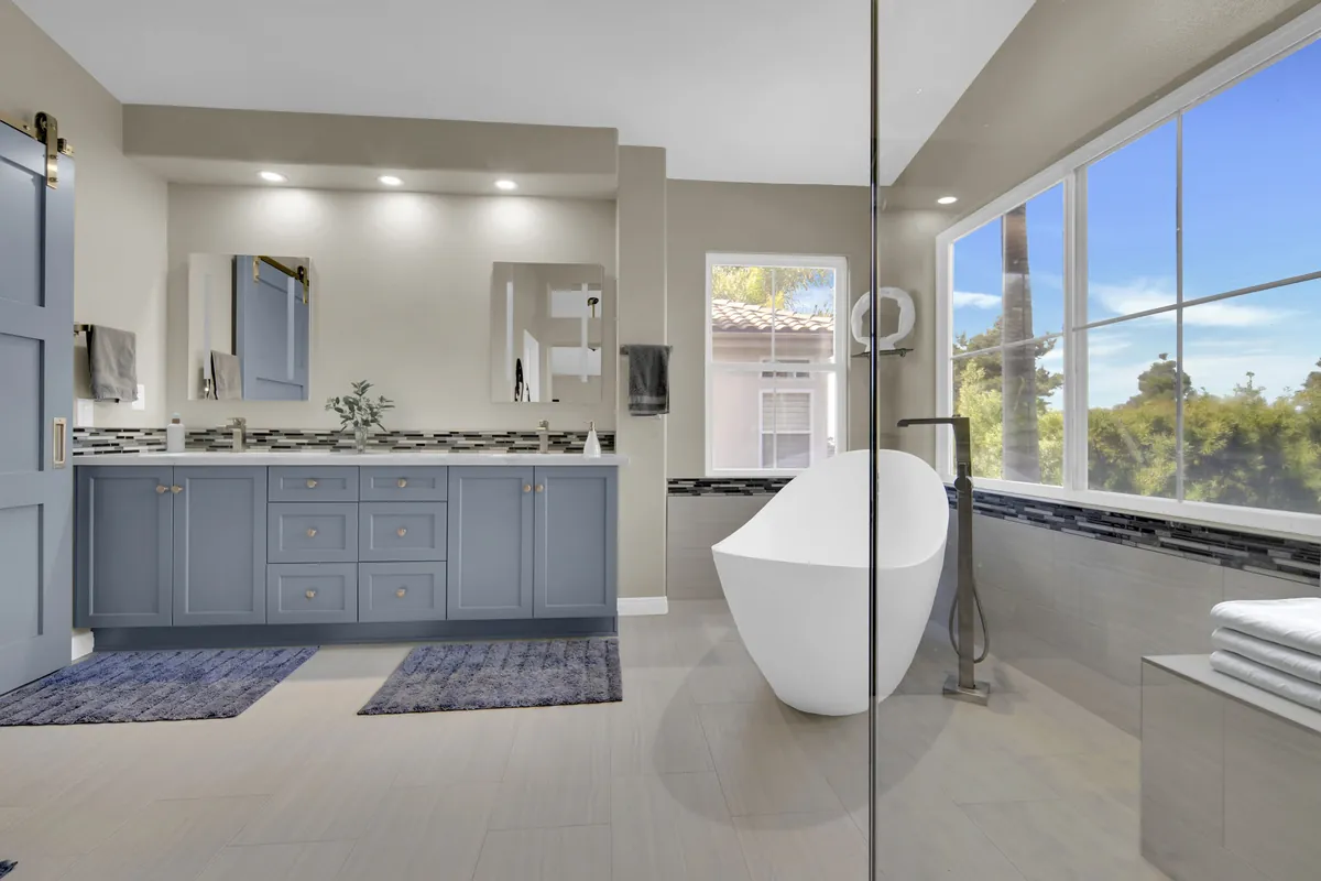 blue shaker vanity driftwood mirrors bathroom fountain valley