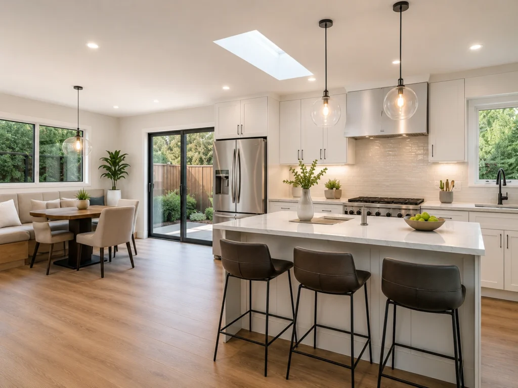 Bright room addition with an open kitchen, dining area, and backyard access