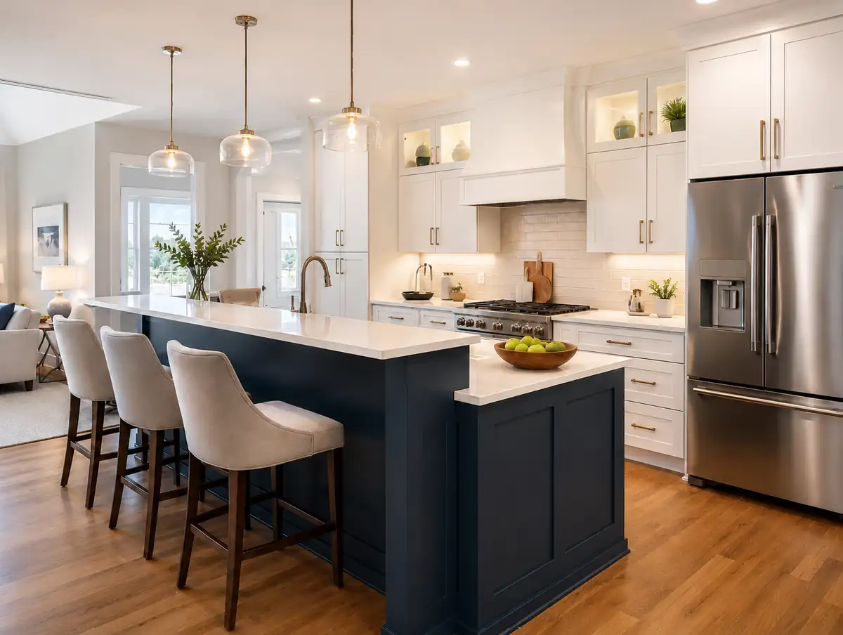 Modern two-tier kitchen island with a lower prep counter and raised seating area in a bright white kitchen.