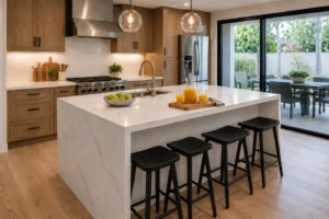 Modern kitchen with a white waterfall island, black bar stools, warm wood cabinets, and a glass pitcher with orange juice.