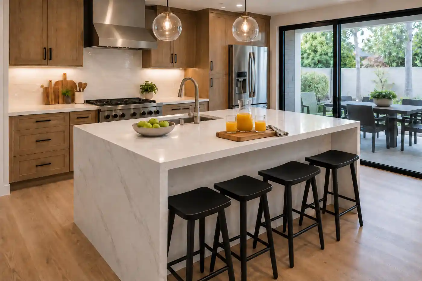 Modern kitchen with a white waterfall island, black bar stools, warm wood cabinets, and a glass pitcher with orange juice.