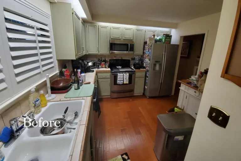 Compact Laguna Hills kitchen before remodeling showing tile counters and a worn double basin sink