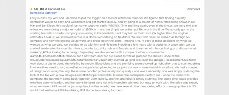 Five-star customer review of a Carlsbad master bathroom remodel praising communication and pricing accuracy