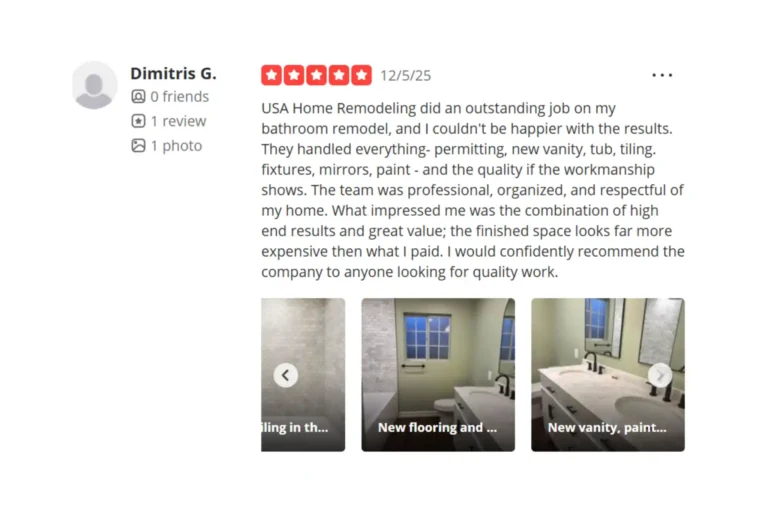 Screenshot of a 5‑star Yelp review praising the Irvine bathroom remodel and the quality work done.