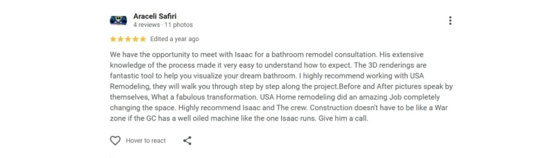 Five-star Google review of a completed primary bathroom remodel in Laguna Hills.
