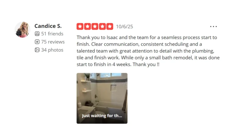 Five-star Yelp review of a completed master bathroom remodel in Newport Beach