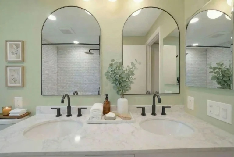 Contemporary bathroom remodel in Irvine with a double vanity, sleek black fixtures, and a frameless glass shower with subway tile walls.