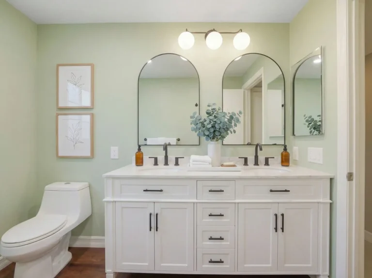 Modern bathroom renovation in Irvine with black fixtures, a white vanity, and subway tile shower, creating a clean and stylish aesthetic.