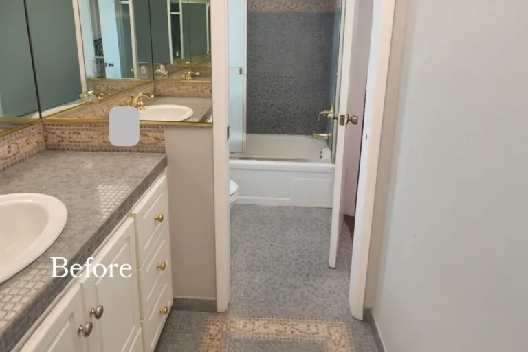 Before photo of a dated Santa Ana bathroom with mosaic tile, mirrored walls, and gold fixtures