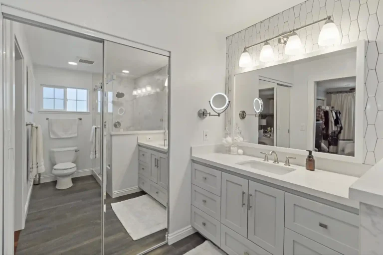 Close‑up of Mission Viejo vanity drawers with shaker fronts and modern hardware.