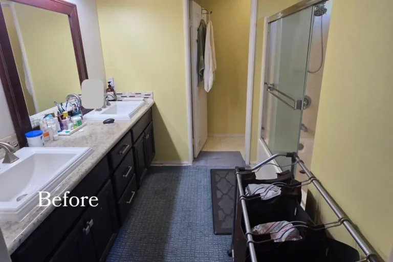 Before photo of a dated Irvine, California bathroom with carpet, a dark vanity, and an enclosed tub