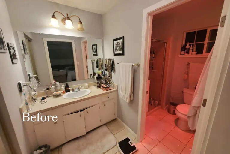 Mission Viejo bathroom before remodel with dated tub deck, brown tile, and corner shower.