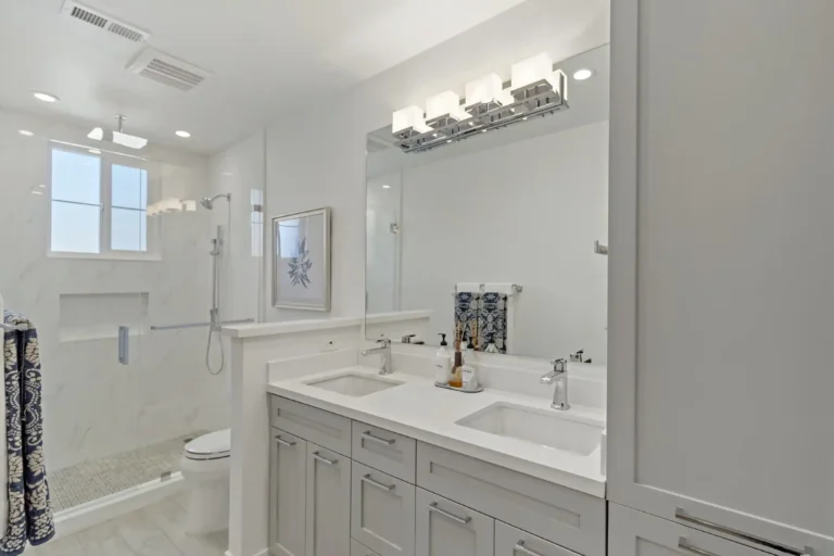 Anaheim bathroom remodel with walk-in shower and dual vanity