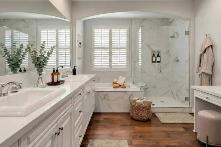 Marble-look tile shower with frameless glass beside a drop-in tub in a remodeled Carlsbad primary bathroom.
